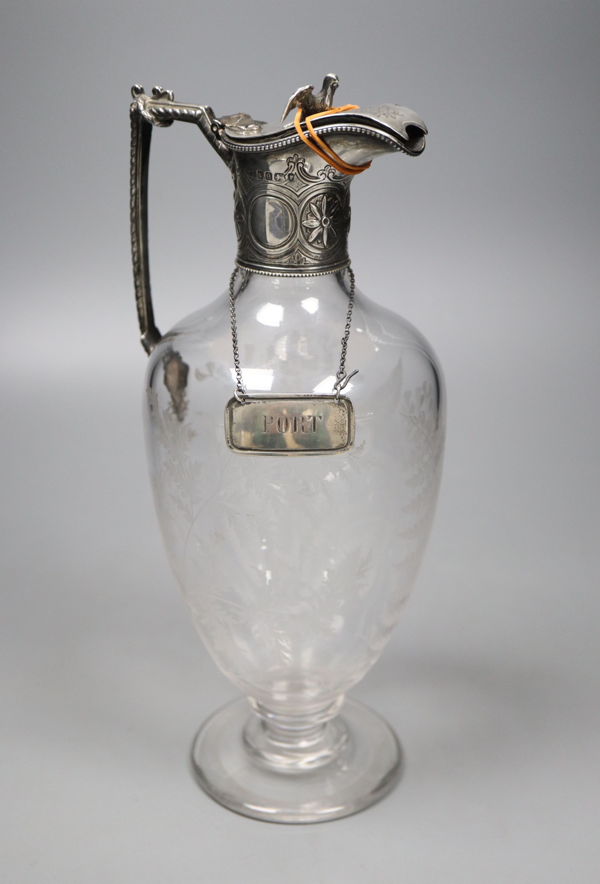 A Victorian silver mounted etched glass baluster claret jug, maker C.F. Sheffield, 1869, (lid a.f.), 27.5cm,